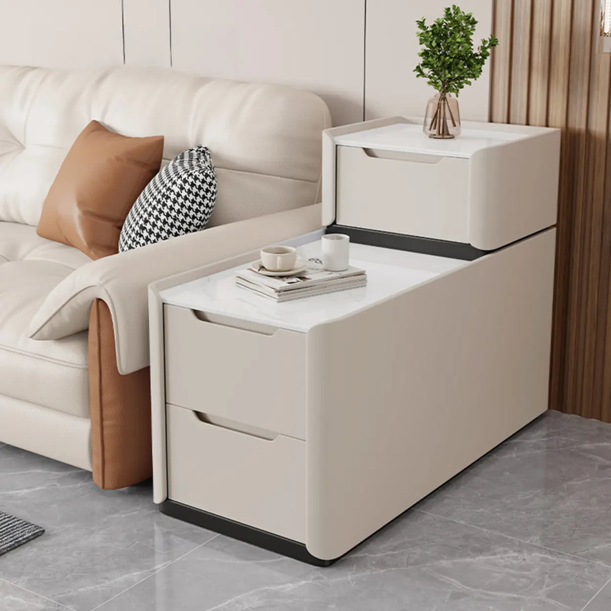 Modern Multi-Drawer White Marble Top Rectangular Side Table Image - 1