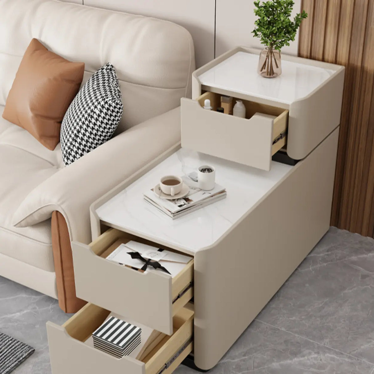 Modern Multi-Drawer White Marble Top Rectangular Side Table Image - 4