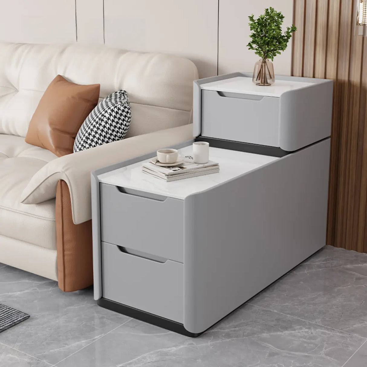 Modern Multi-Drawer White Marble Top Rectangular Side Table Image - 7