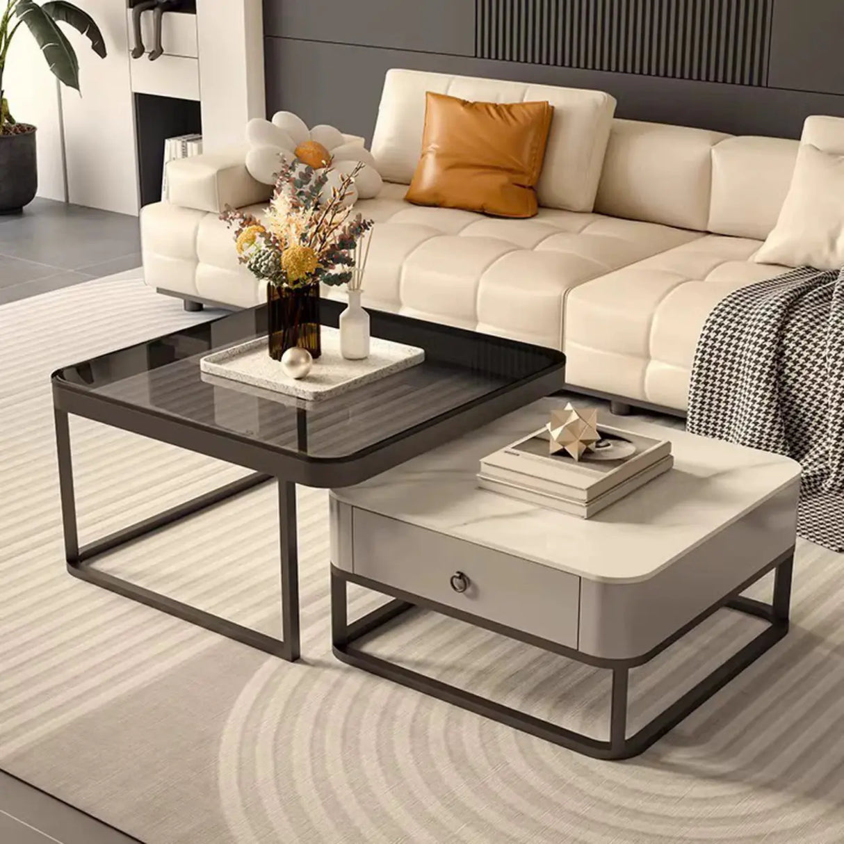 Modern Multi-Function Square Iron Coffee Tables Set Image - 2