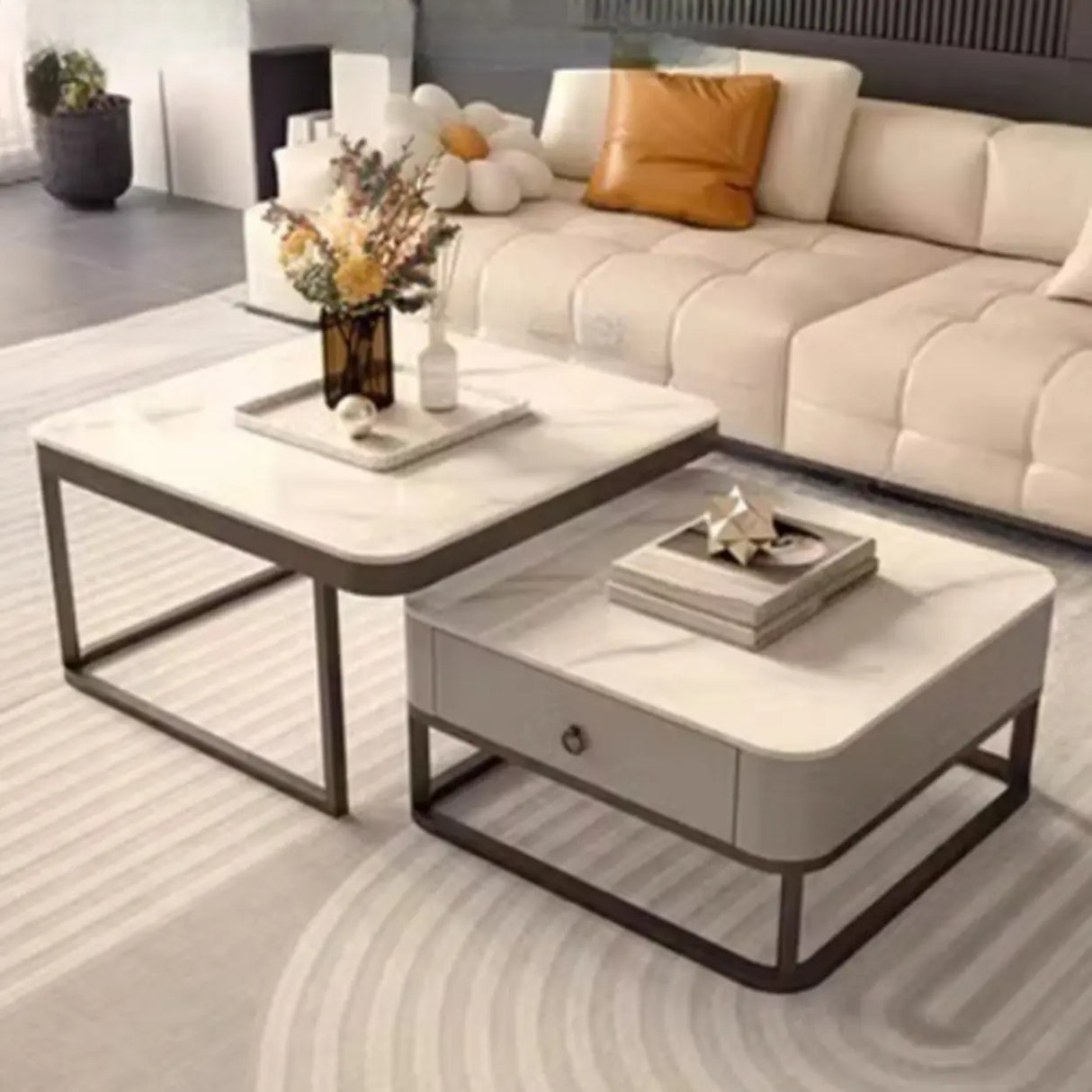 Modern Multi-Function Square Iron Coffee Tables Set Image - 3