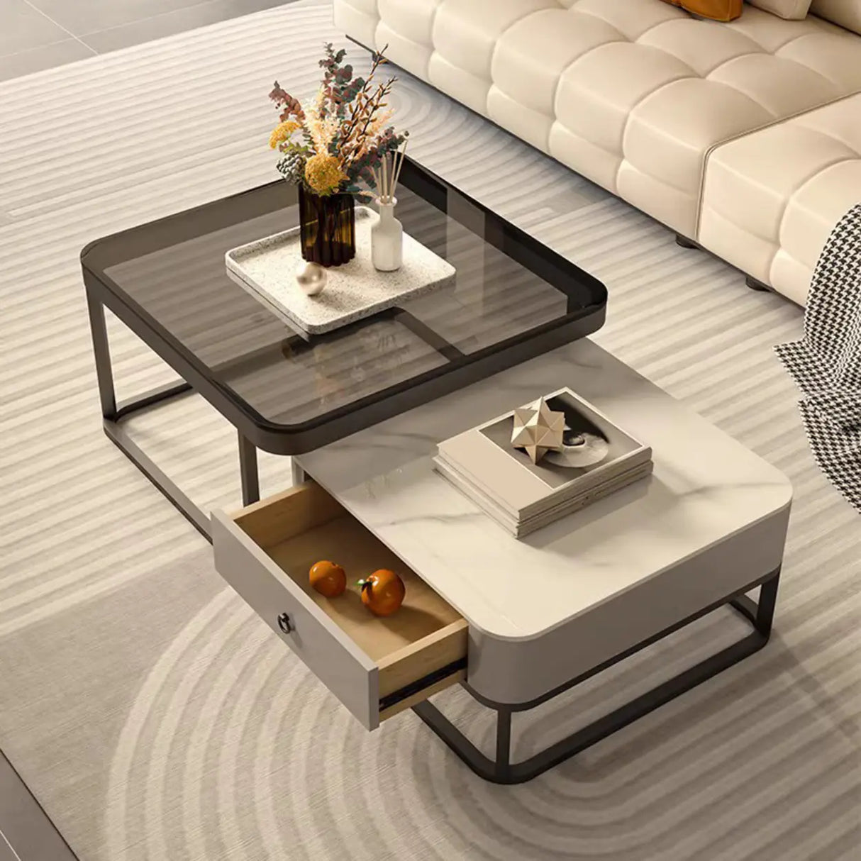 Modern Multi-Function Square Iron Coffee Tables Set Image - 4