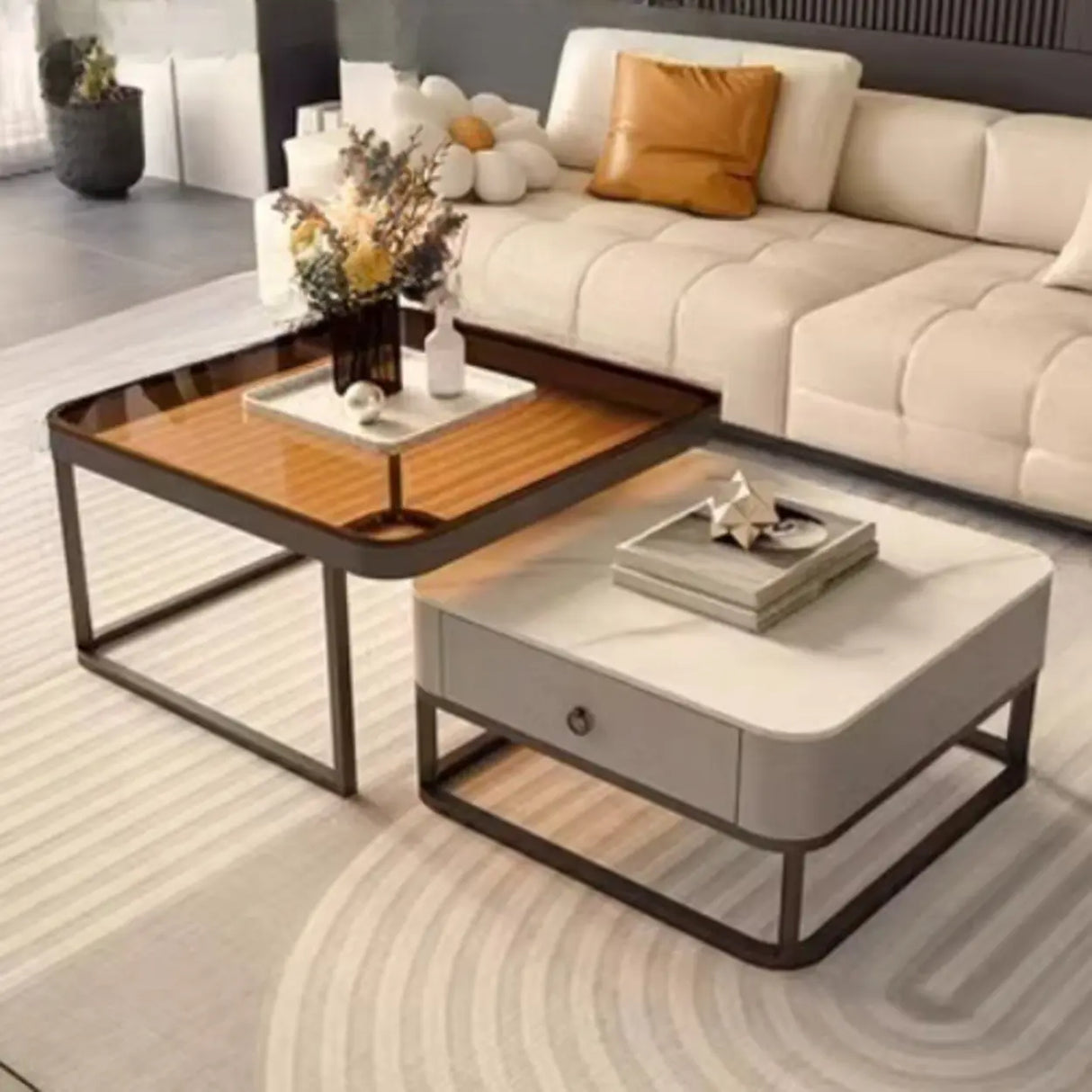 Modern Multi-Function Square Iron Coffee Tables Set Image - 5