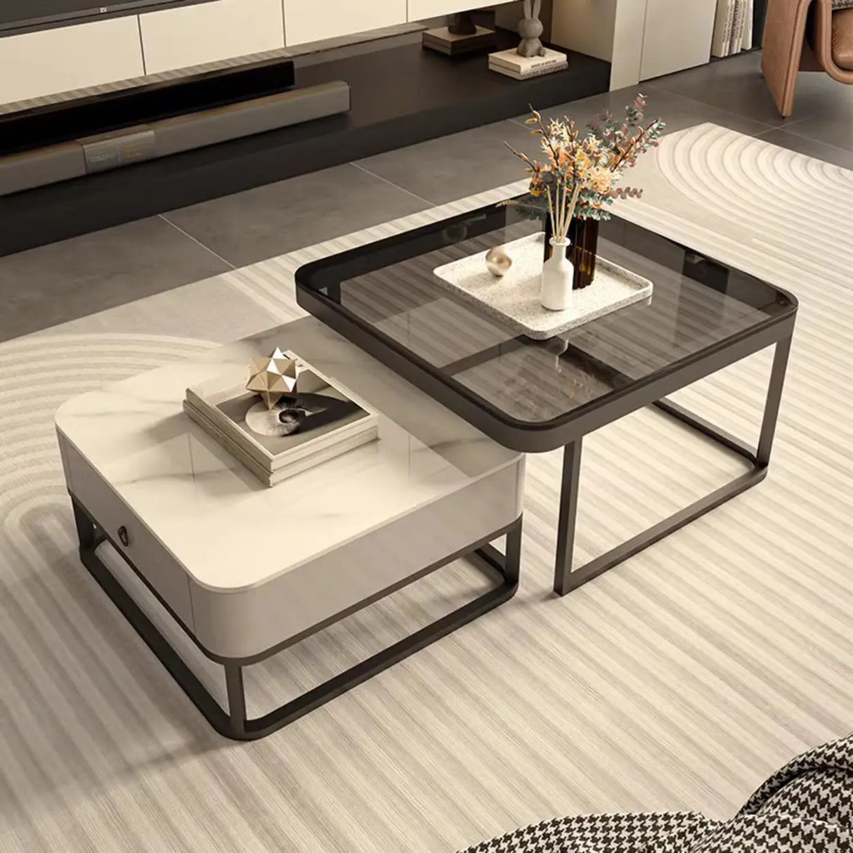 Modern Multi-Function Square Iron Coffee Tables Set Image - 6
