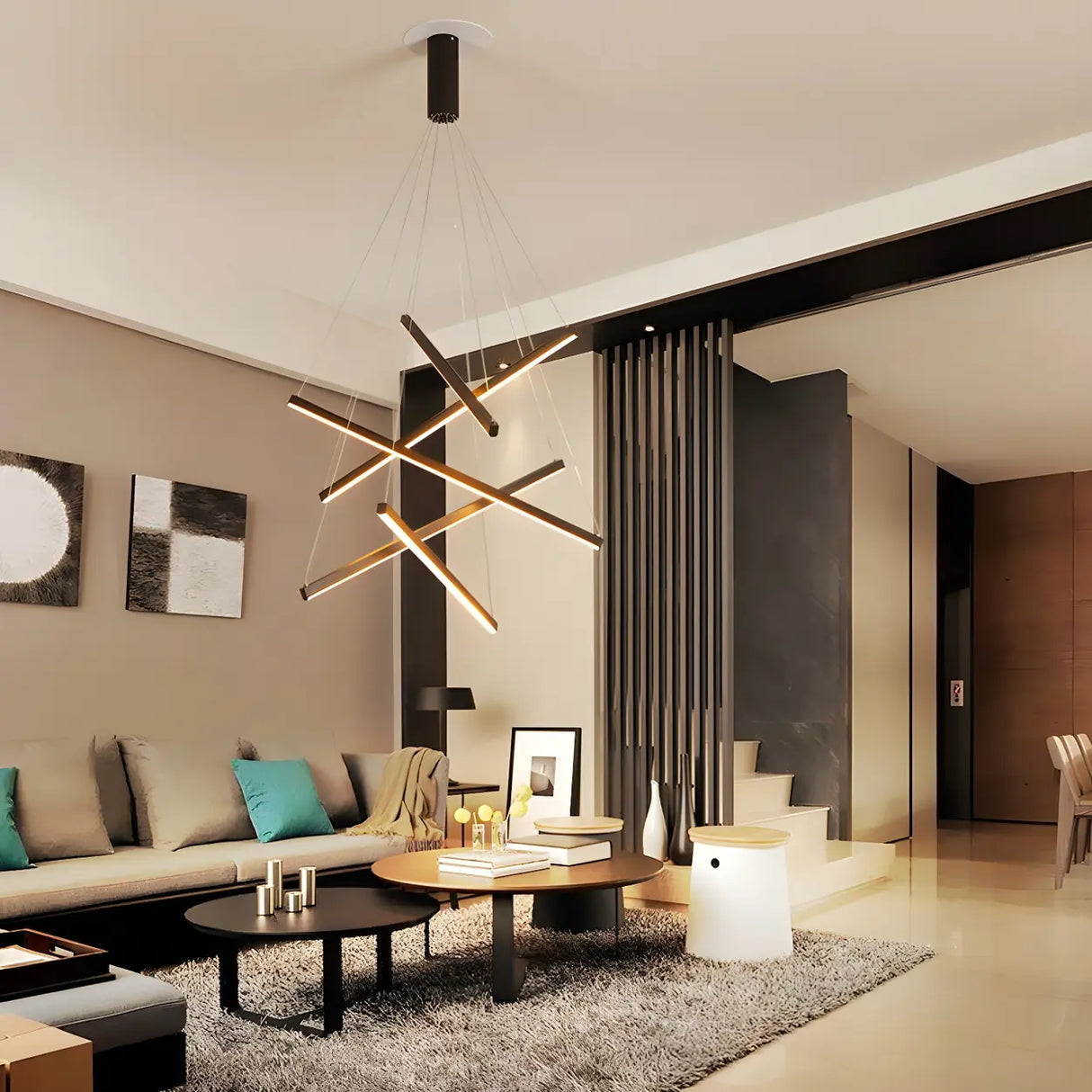 Modern Multi-Rod Geometric Black Chandelier Living Room Image - 6