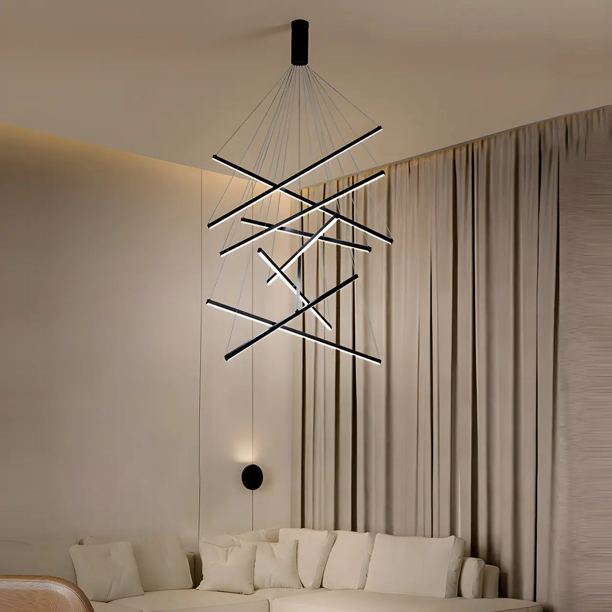 Modern Multi-Rod Geometric Black Chandelier Living Room Image - 8