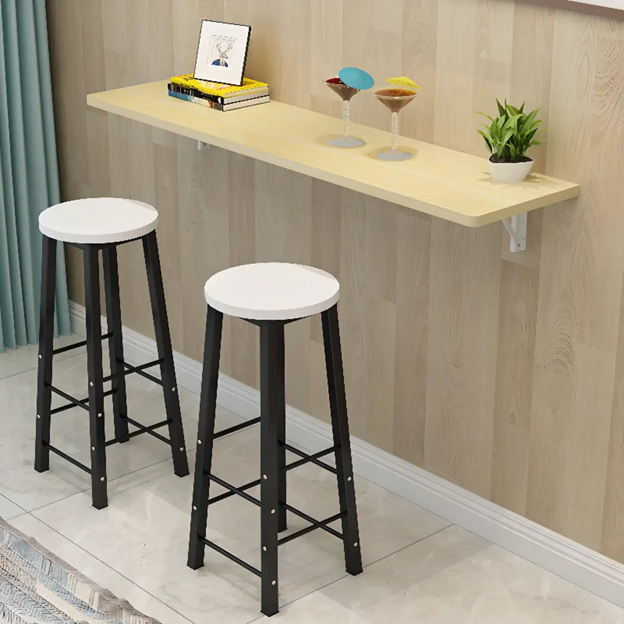 Modern Natural Rectangular Wood Wall-Mounted Bar Table Image - 2
