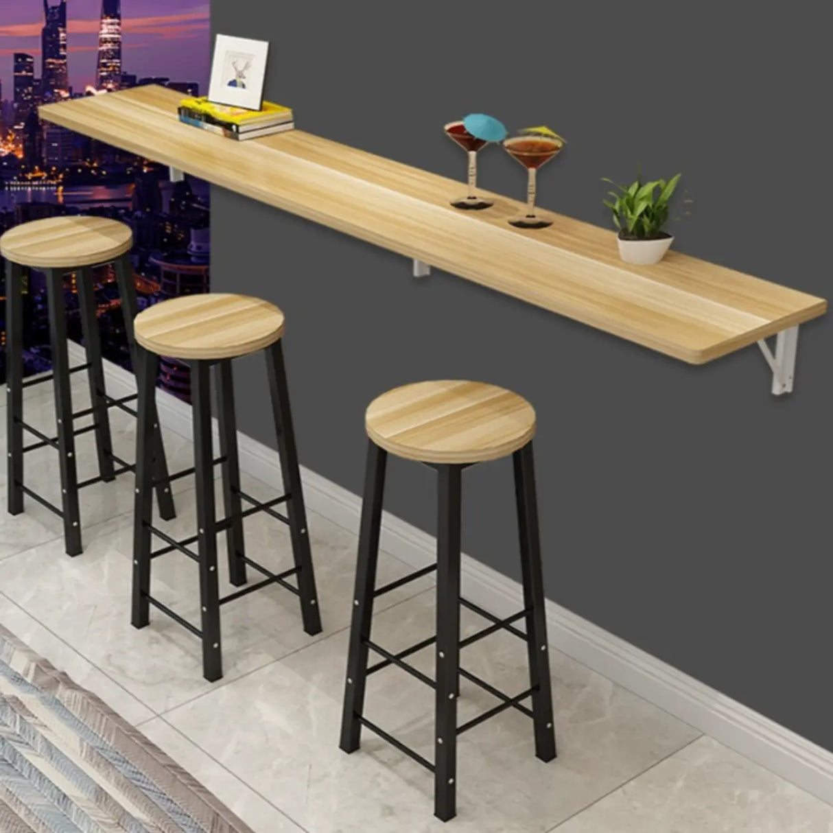 Modern Natural Rectangular Wood Wall-Mounted Bar Table Image - 4