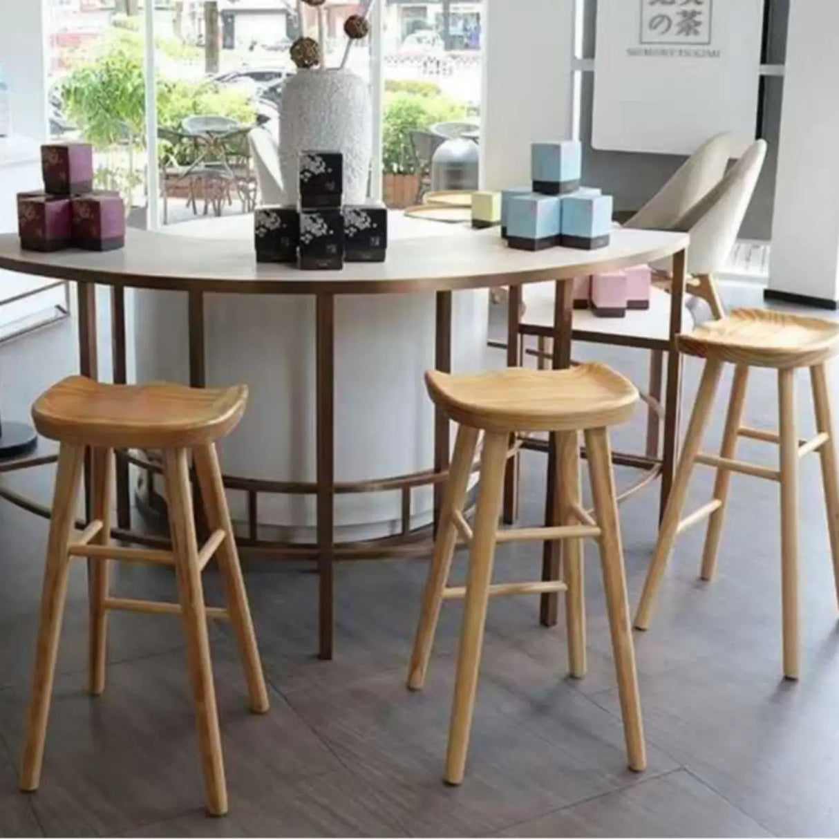 Modern Natural Wood Counter Height Bar Stool With Footrest Image - 4