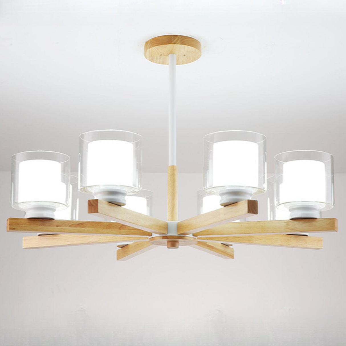 Modern Nordic Wood and Transparent Glass Cylinder Chandelier Image - 11