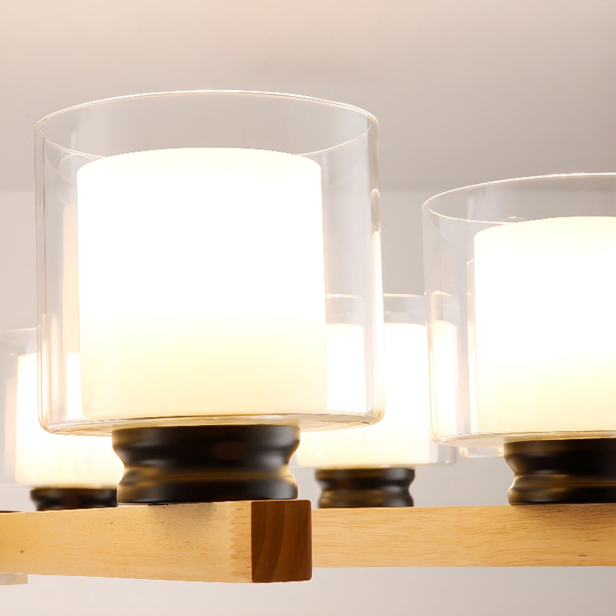 Modern Nordic Wood and Transparent Glass Cylinder Chandelier Image - 14
