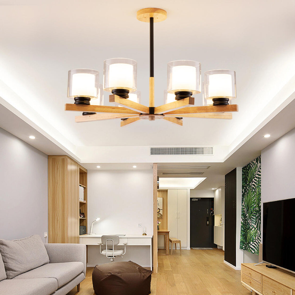 Modern Nordic Wood and Transparent Glass Cylinder Chandelier Image - 4