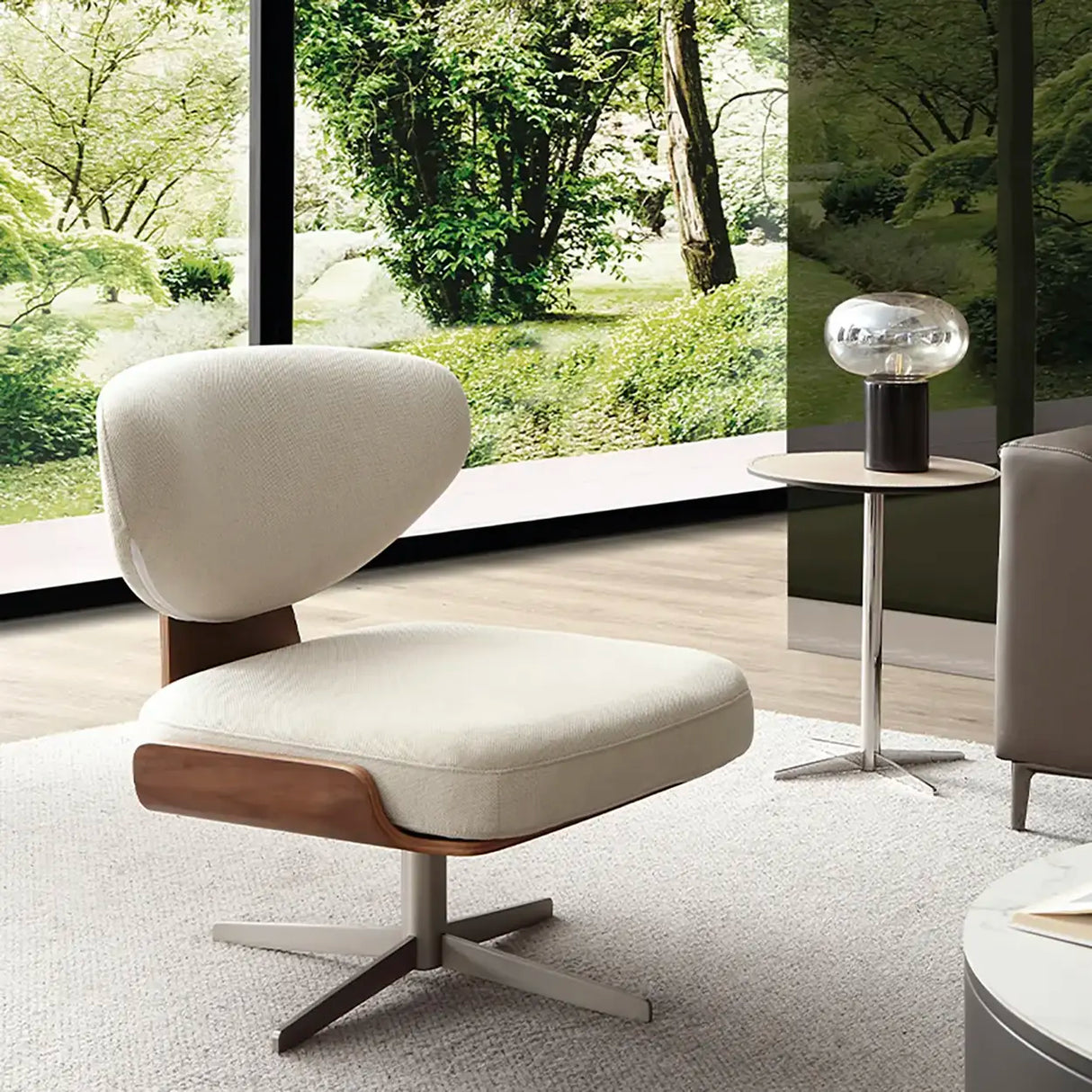 Modern Off-White Linen Swivel Accent Chair with Metal Base Image - 1