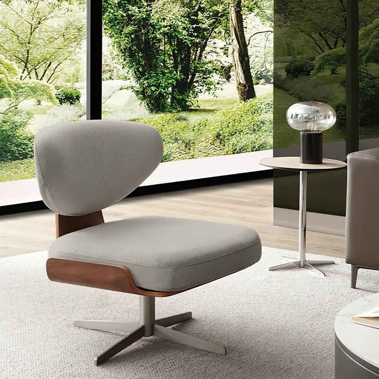 Modern Off-White Linen Swivel Accent Chair with Metal Base Image - 6