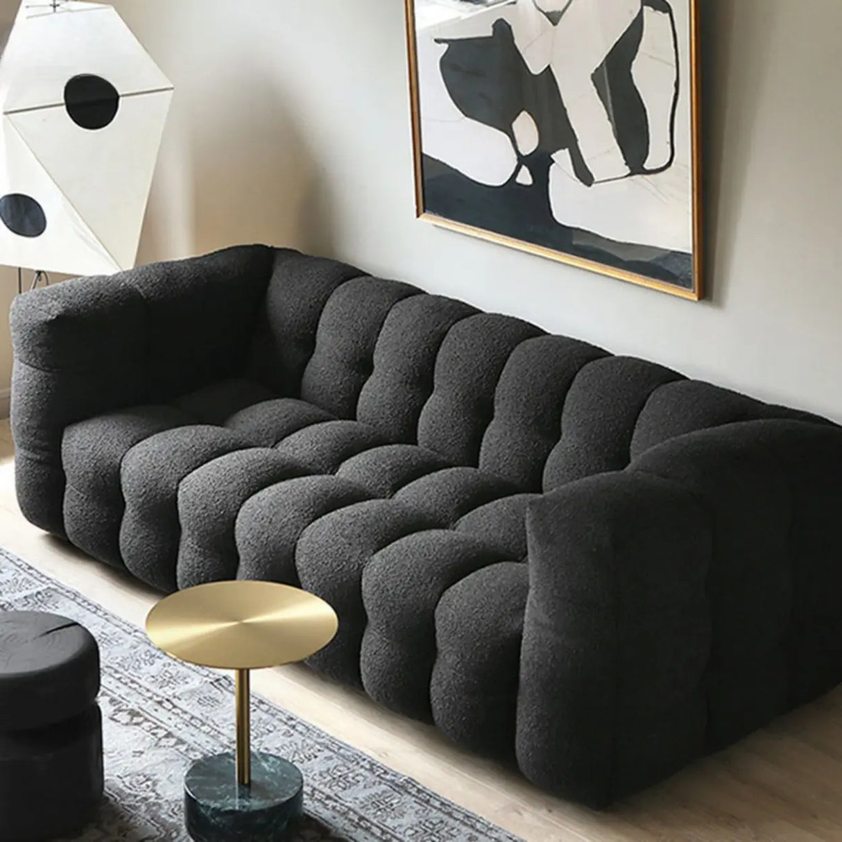 Modern Off-White Sherpa Tuxedo Arm Biscuit Back Sofa Image - 13