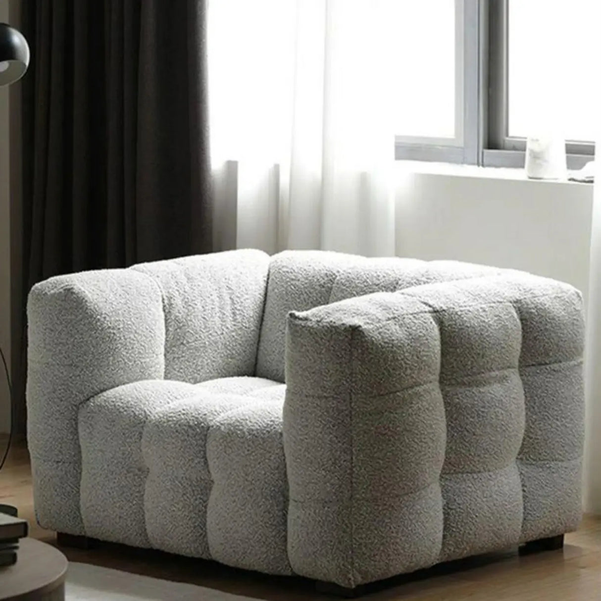 Modern Off-White Sherpa Tuxedo Arm Biscuit Back Sofa Image - 3