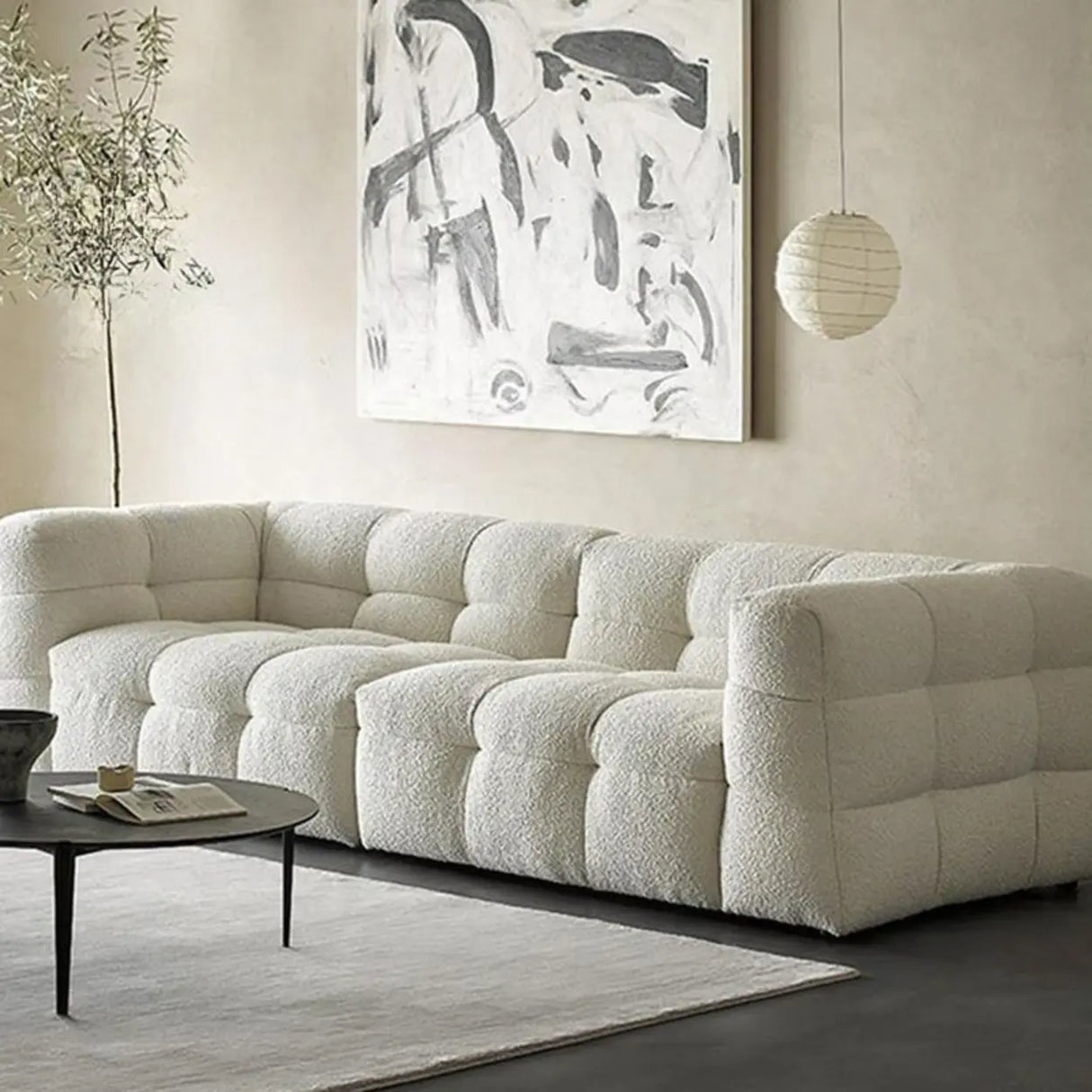 Modern Off-White Sherpa Tuxedo Arm Biscuit Back Sofa Image - 6