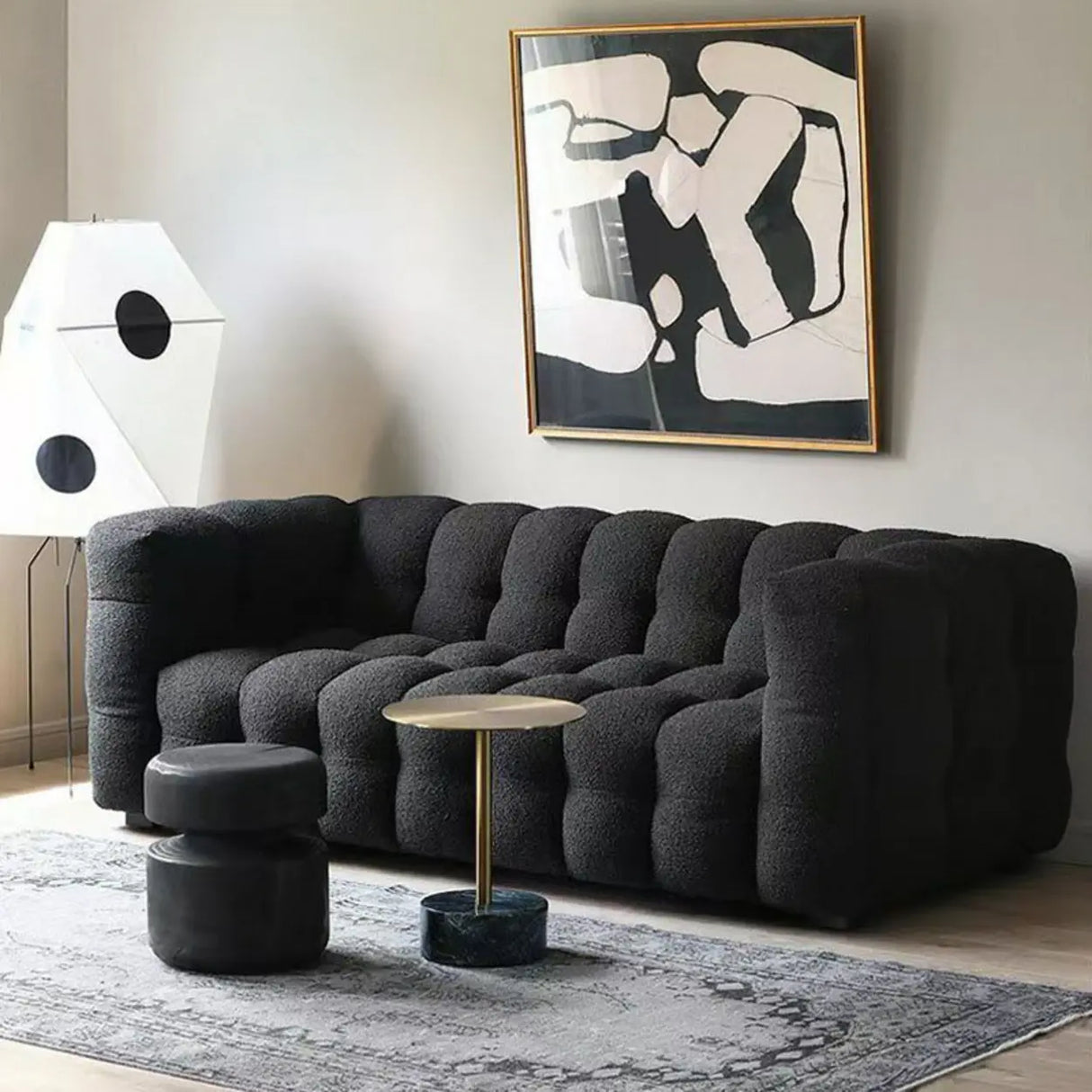 Modern Off-White Sherpa Tuxedo Arm Biscuit Back Sofa Image - 8