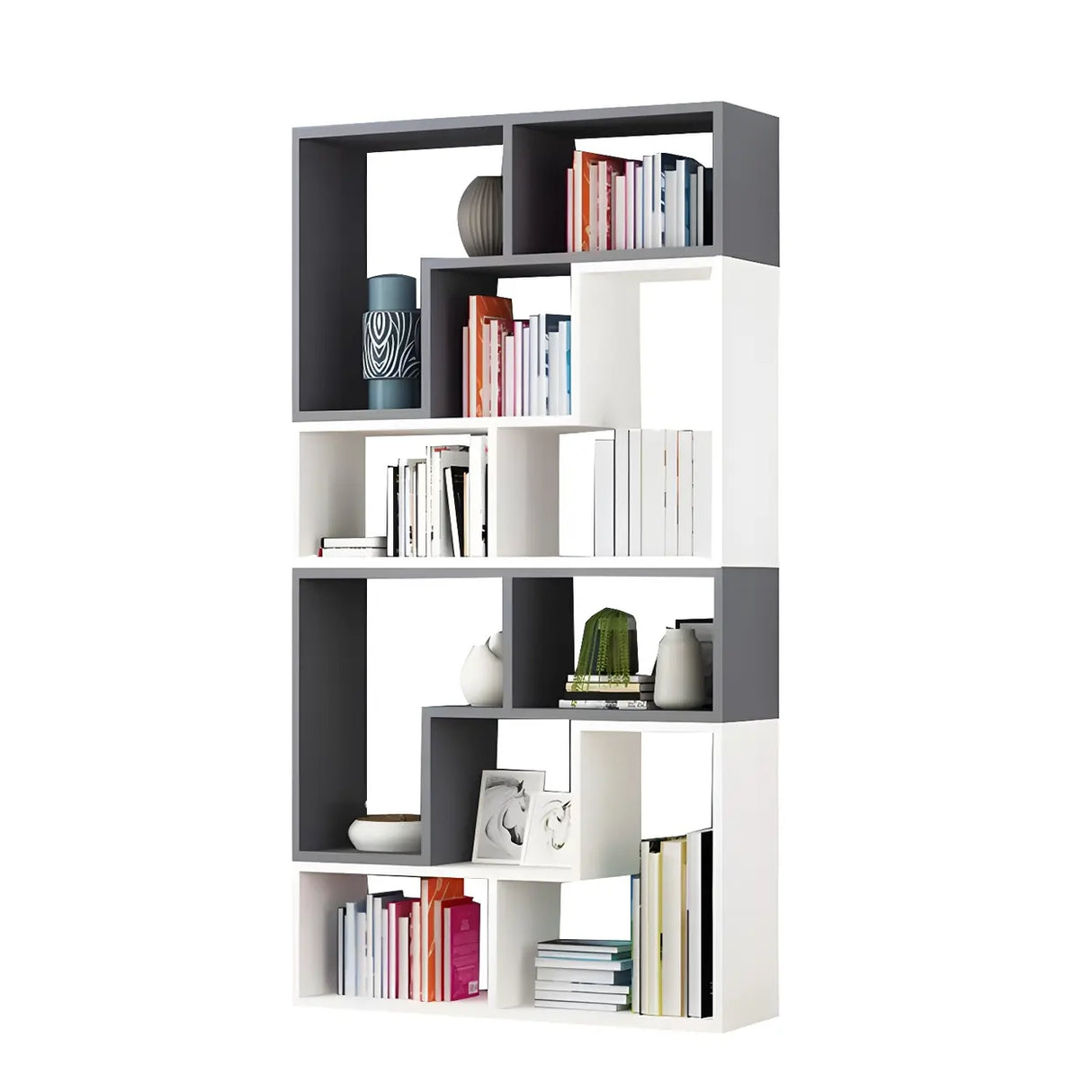 Modern Open Back Multi-Tier Geometric Wood Bookcase Image - 10