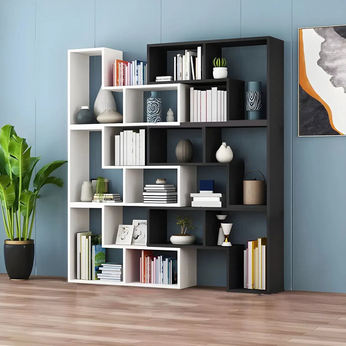 Modern Open Back Multi-Tier Geometric Wood Bookcase Image - 11