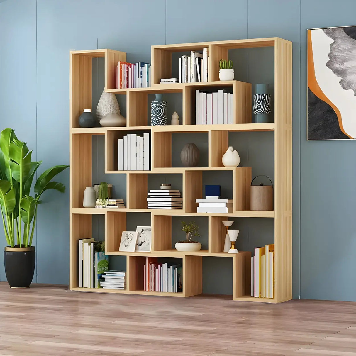 Modern Open Back Multi-Tier Geometric Wood Bookcase Image - 12