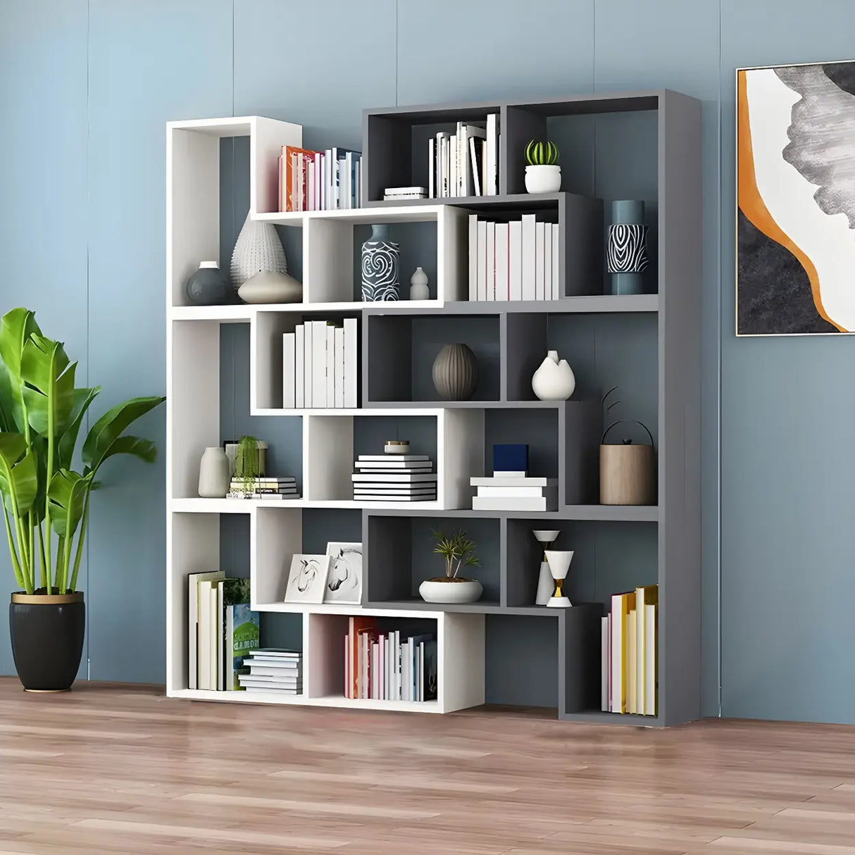 Modern Open Back Multi-Tier Geometric Wood Bookcase Image - 13