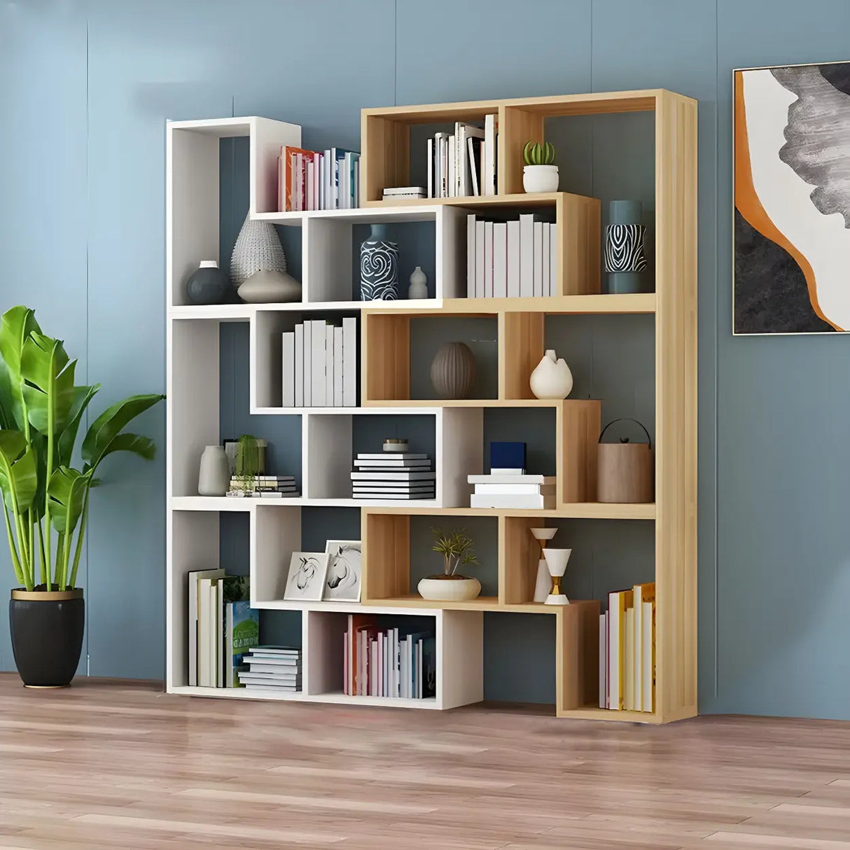 Modern Open Back Multi-Tier Geometric Wood Bookcase Image - 14