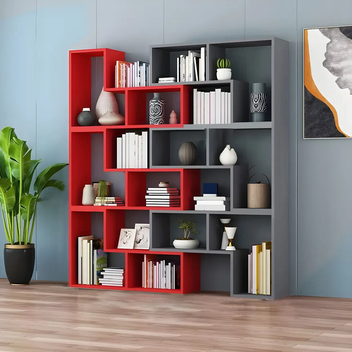 Modern Open Back Multi-Tier Geometric Wood Bookcase Image - 15