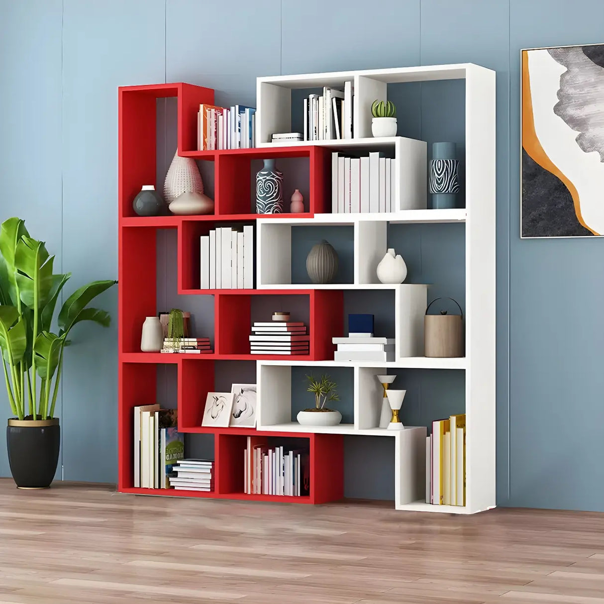 Modern Open Back Multi-Tier Geometric Wood Bookcase Image - 16
