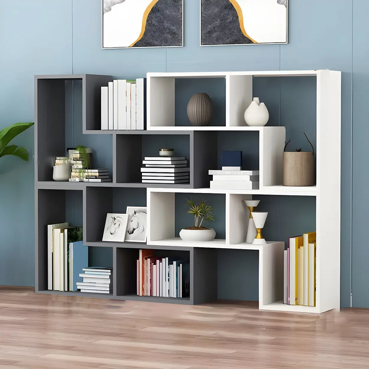 Modern Open Back Multi-Tier Geometric Wood Bookcase Image - 17