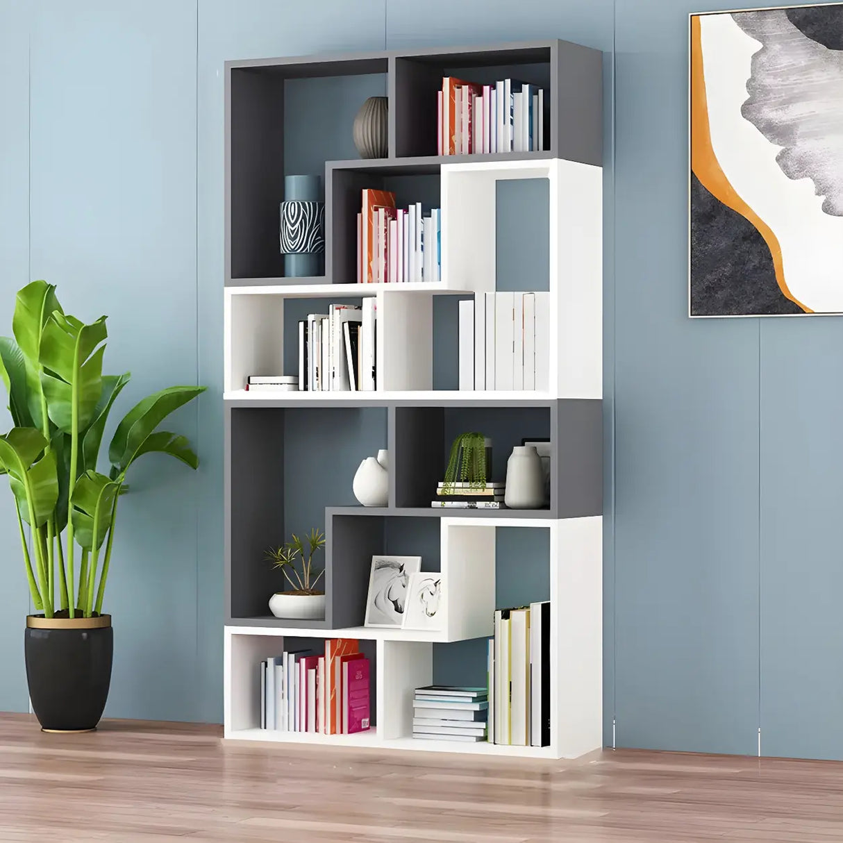 Modern Open Back Multi-Tier Geometric Wood Bookcase Image - 1