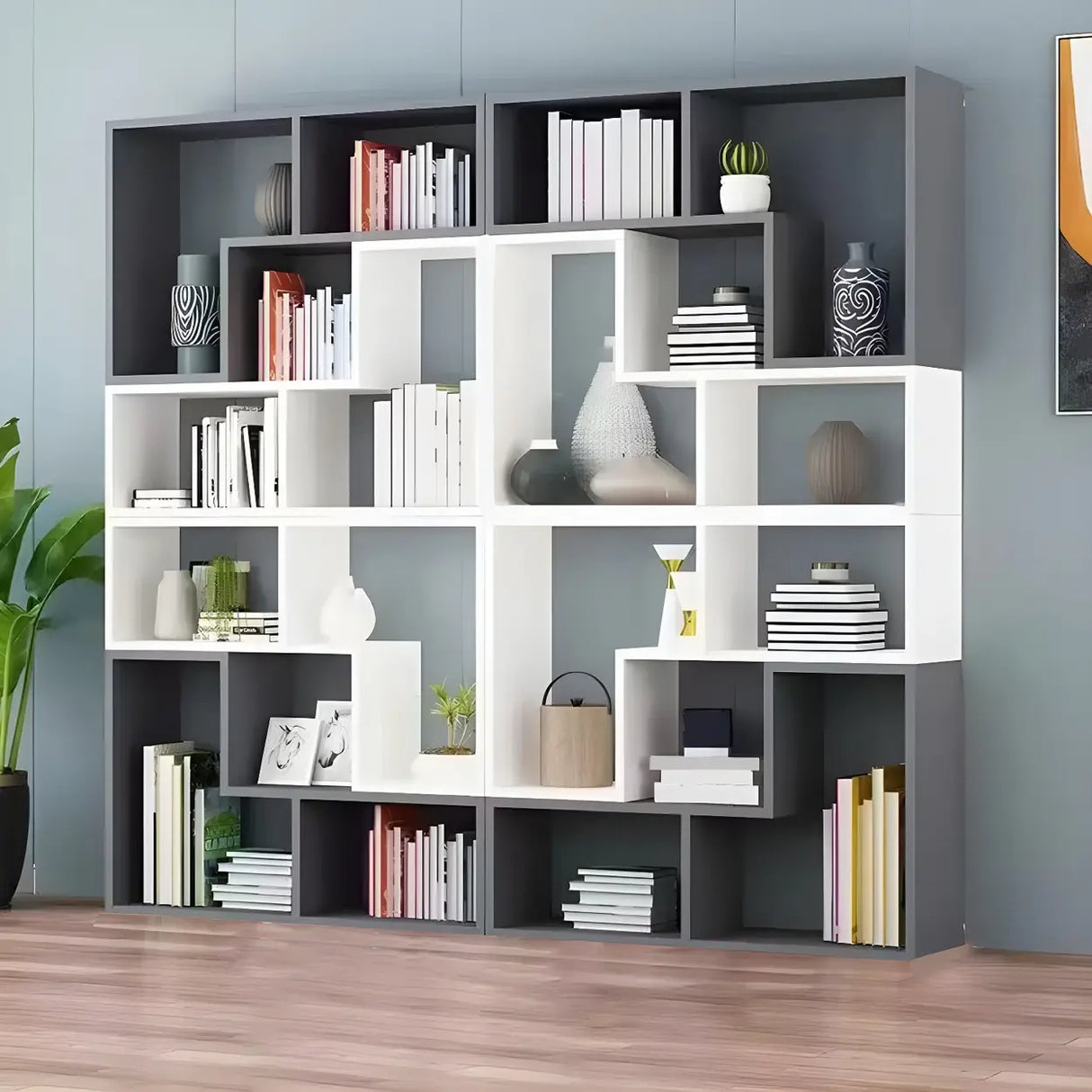 Modern Open Back Multi-Tier Geometric Wood Bookcase Image - 2