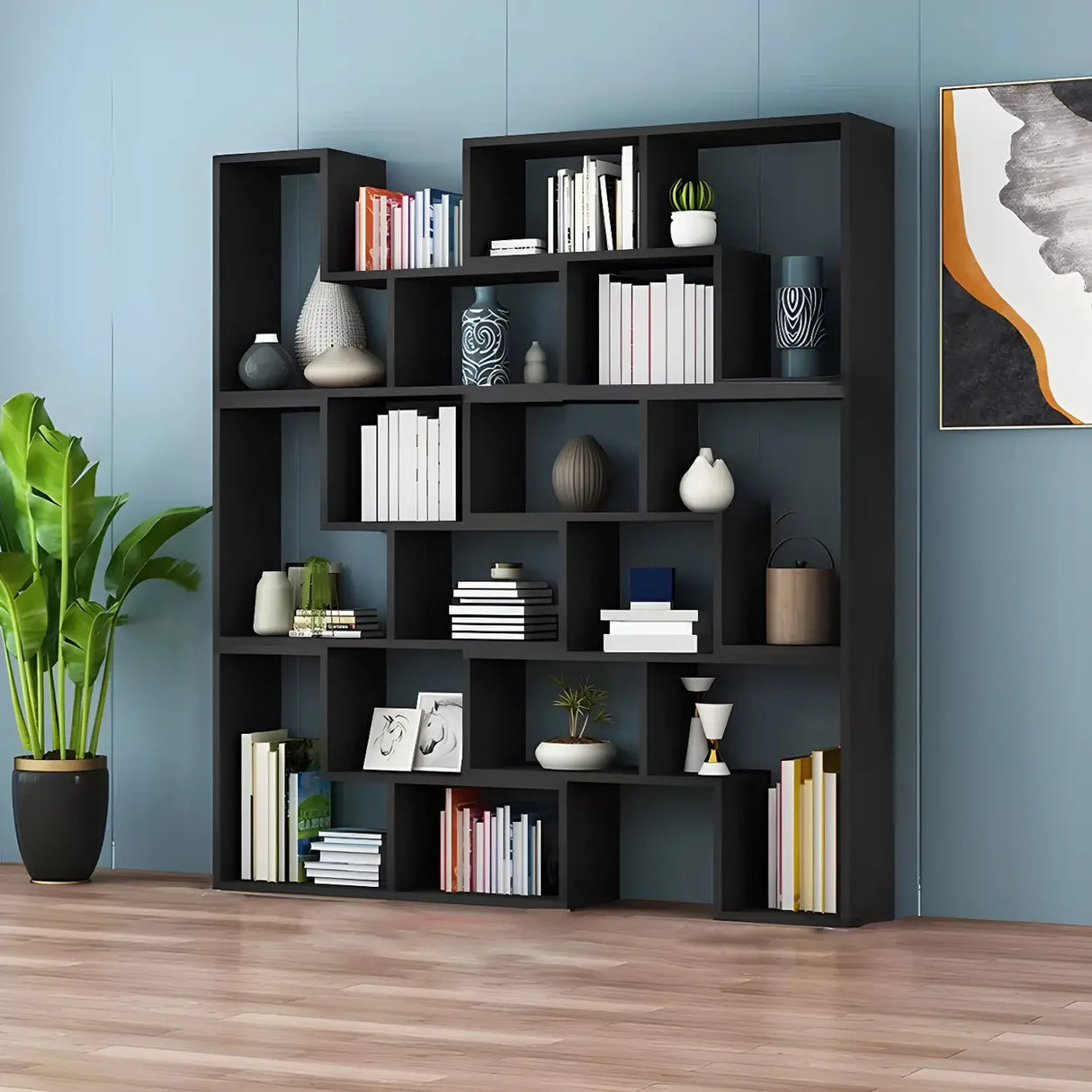 Modern Open Back Multi-Tier Geometric Wood Bookcase Image - 3