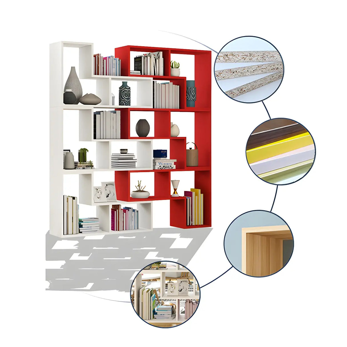 Modern Open Back Multi-Tier Geometric Wood Bookcase Image - 4