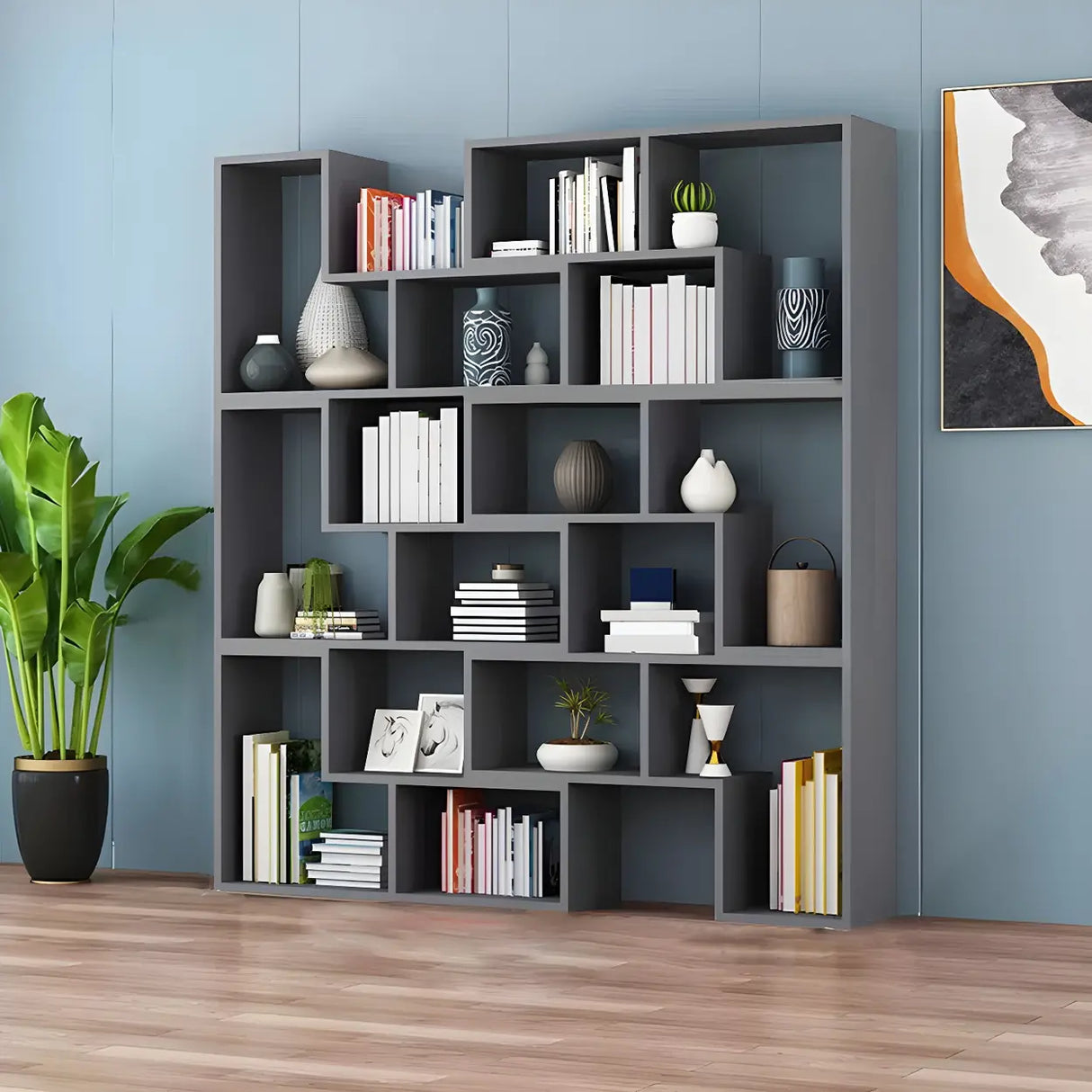 Modern Open Back Multi-Tier Geometric Wood Bookcase Image - 6