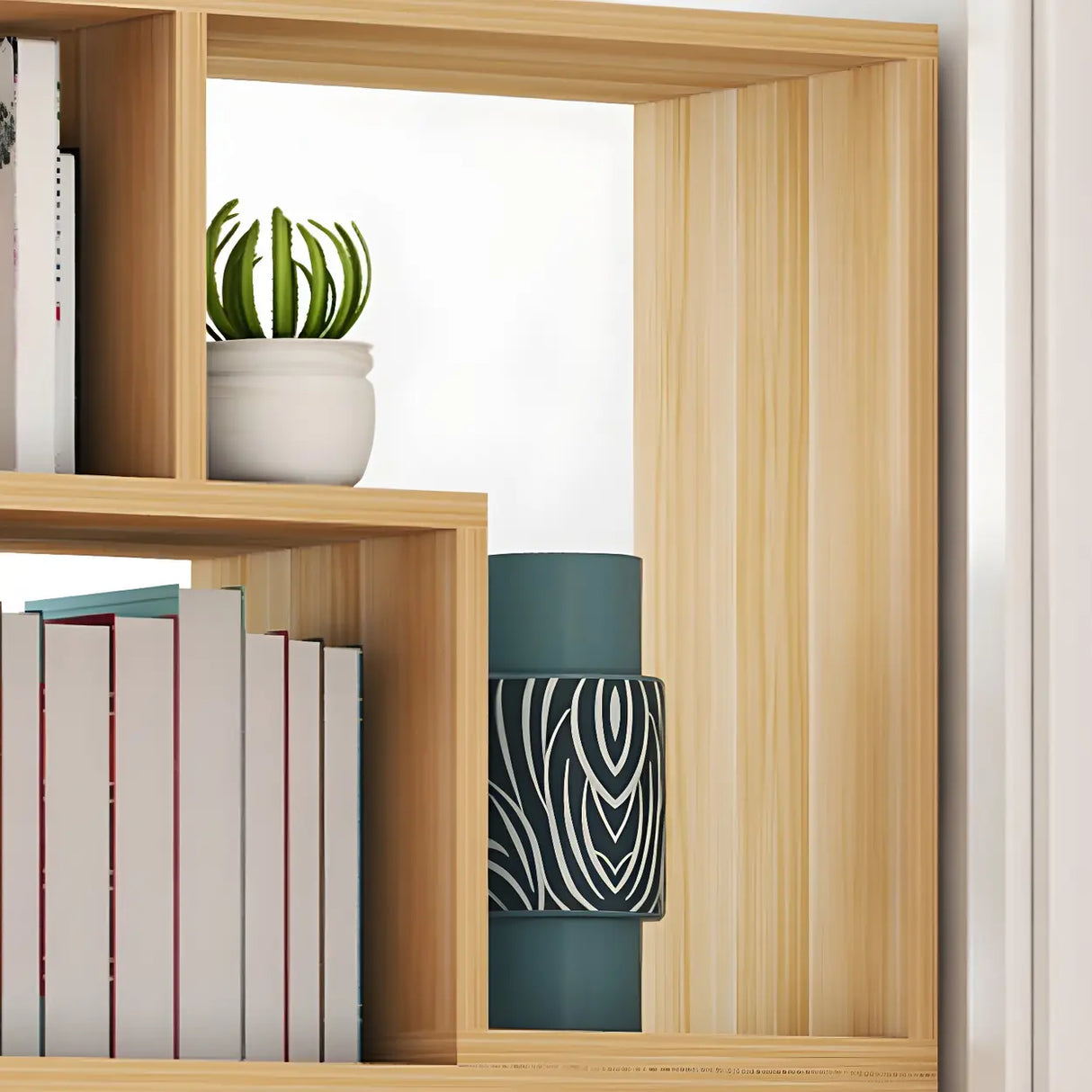 Modern Open Back Multi-Tier Geometric Wood Bookcase Image - 7