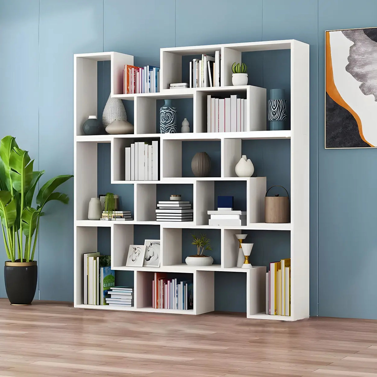 Modern Open Back Multi-Tier Geometric Wood Bookcase Image - 8