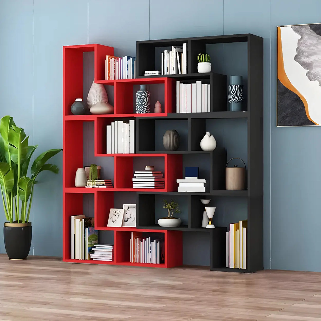 Modern Open Back Multi-Tier Geometric Wood Bookcase Image - 9
