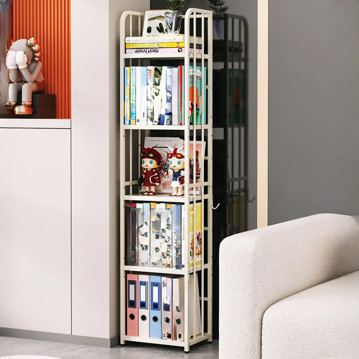 Modern Open Back White Steel Vertical Tall Bookshelf Image - 6