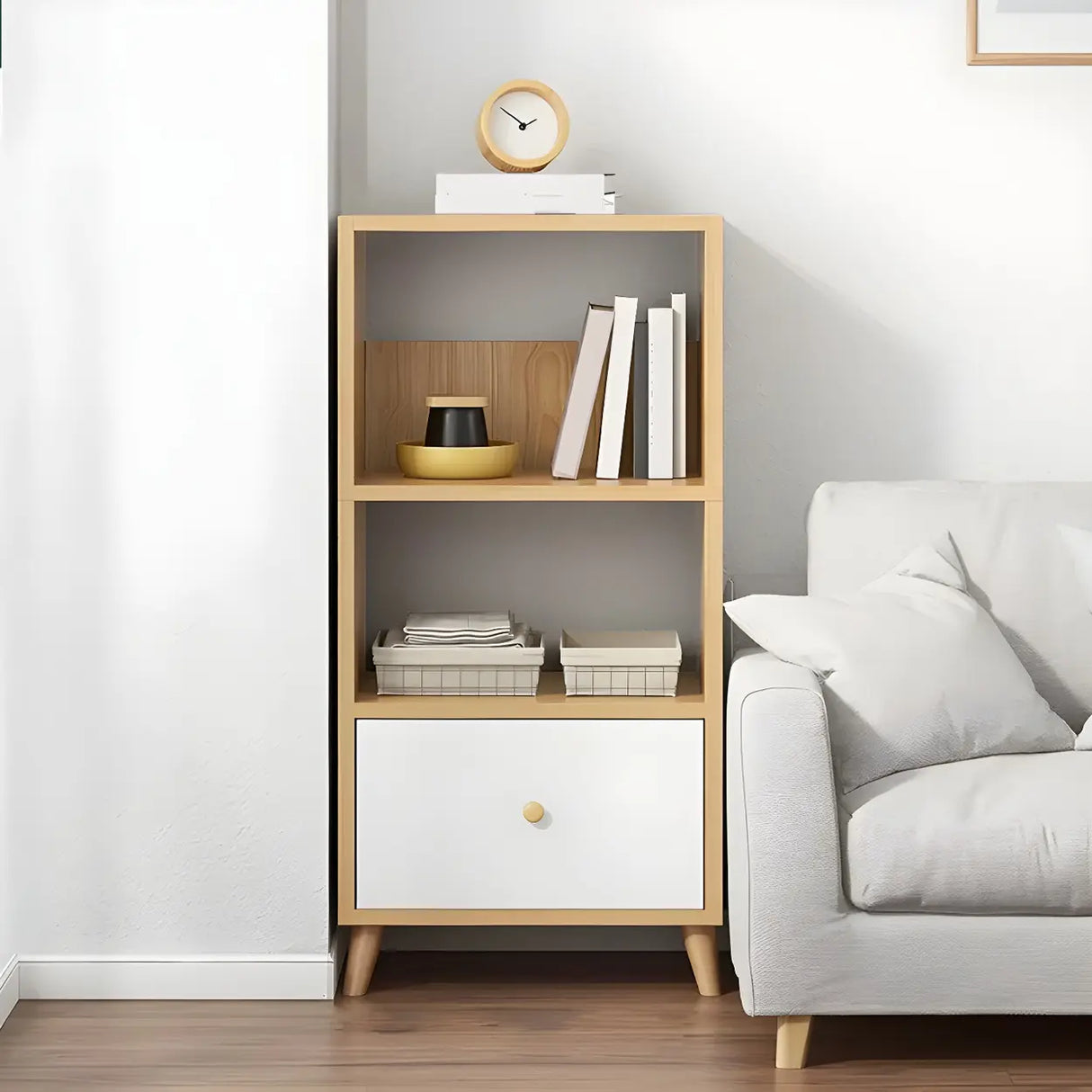 Modern Open-Back Wood Drawers Narrow Display Bookcase Image - 16