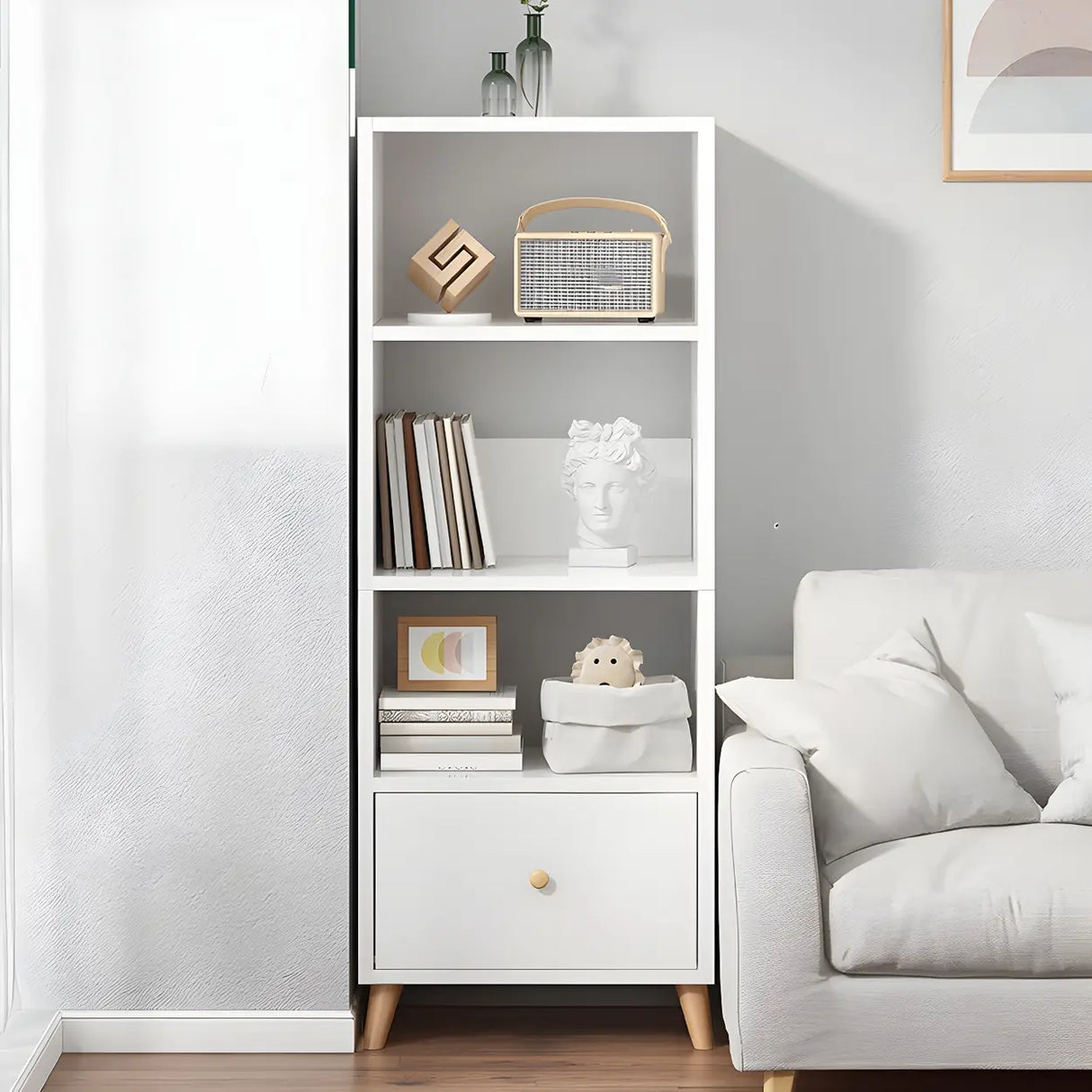 Modern Open-Back Wood Drawers Narrow Display Bookcase Image - 2