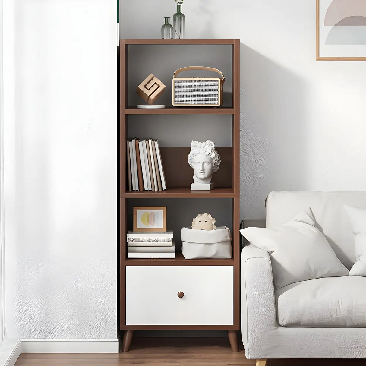 Modern Open-Back Wood Drawers Narrow Display Bookcase Image - 3