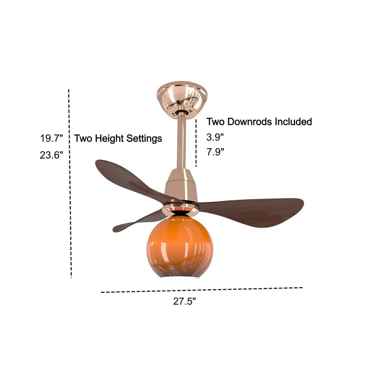 Modern Orange Globe 3-Blade Ceiling Fan with Light