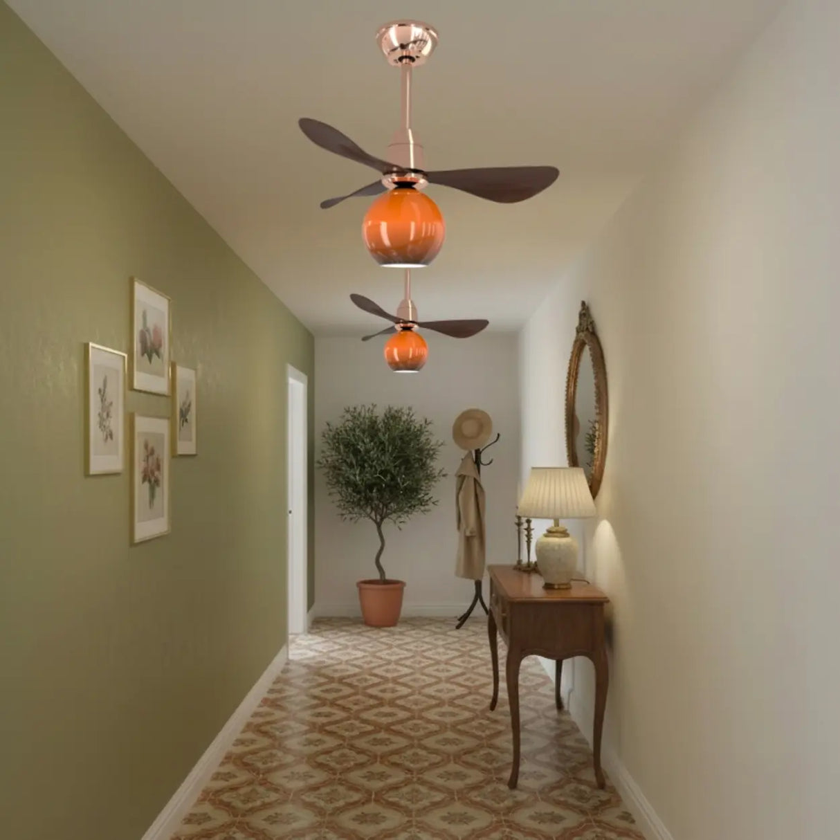 Modern Orange Globe 3-Blade Ceiling Fan with Light Image - 3