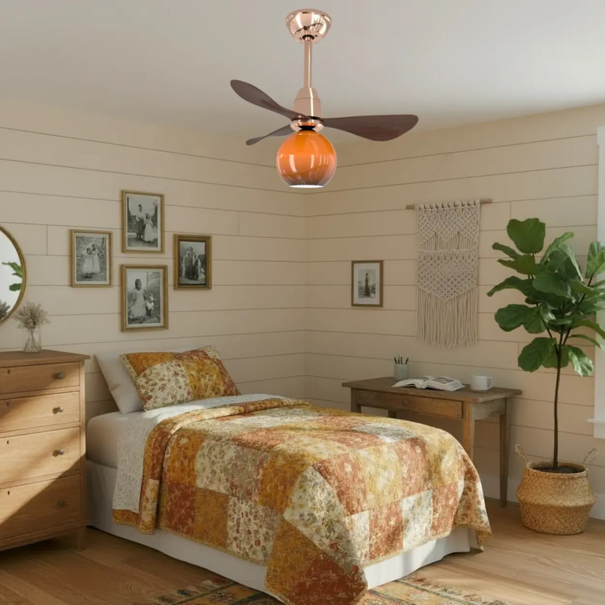 Modern Orange Globe 3-Blade Ceiling Fan with Light Image - 8