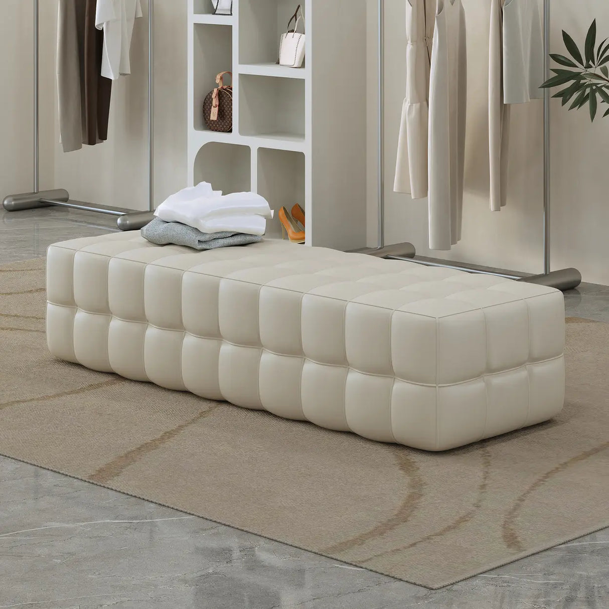 Modern Orange Upholstered Short Height Bedroom Bench Image - 3