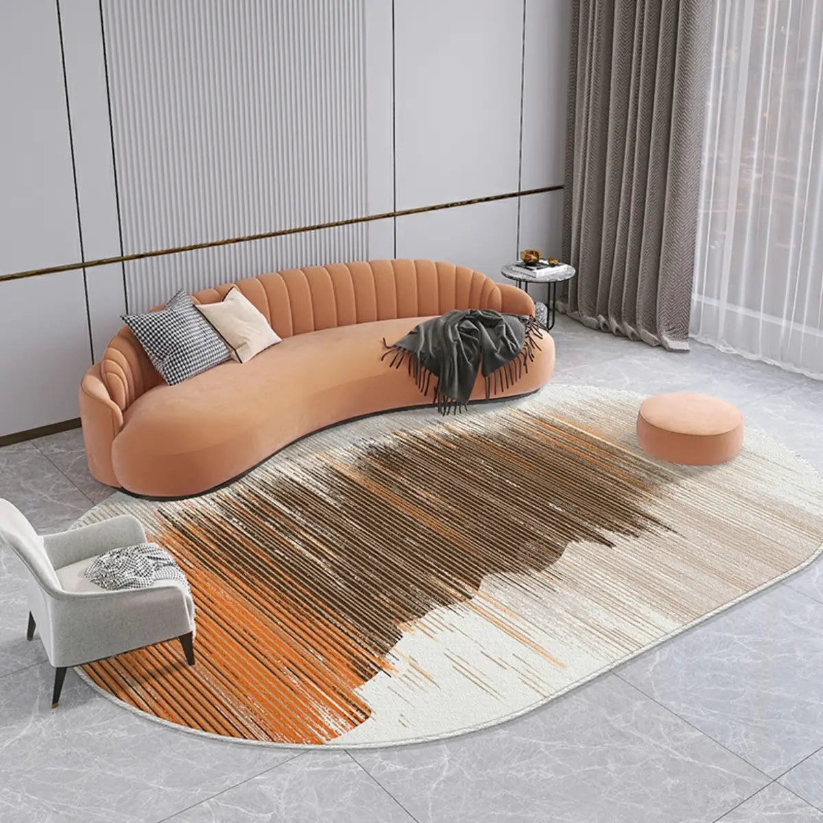 Modern Oval Abstract Polyester Apricot Area Rug Image - 1
