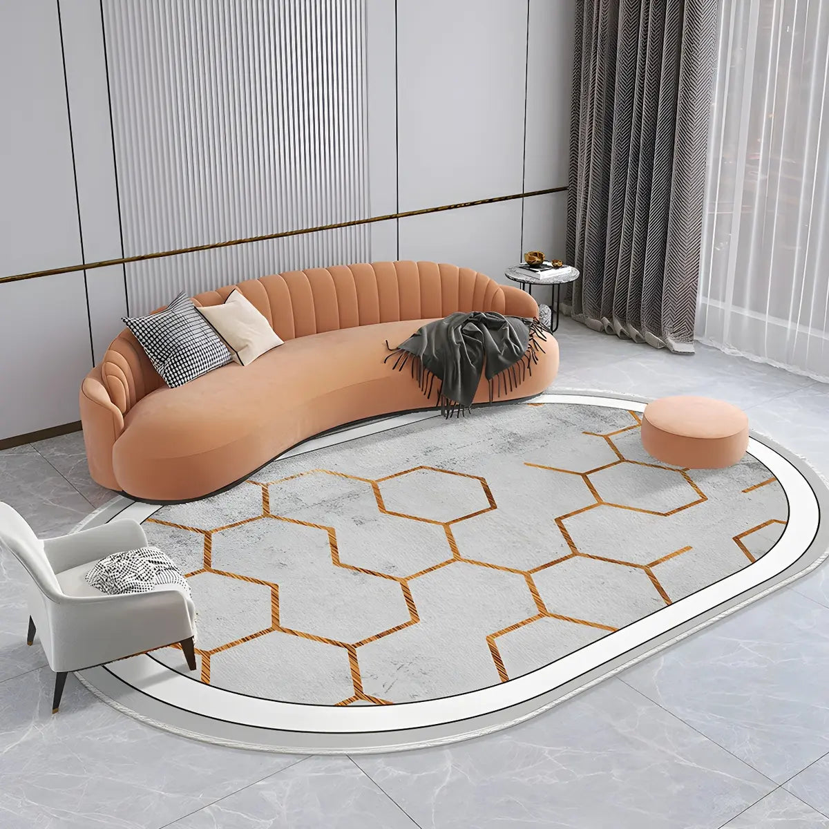 Modern Oval Abstract Polyester Apricot Area Rug Image - 11