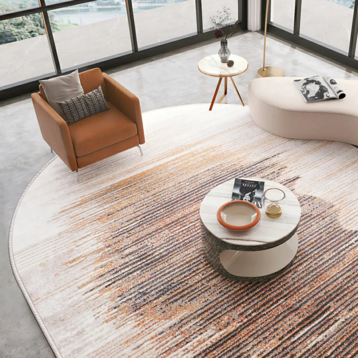 Modern Oval Abstract Polyester Apricot Area Rug Image - 12