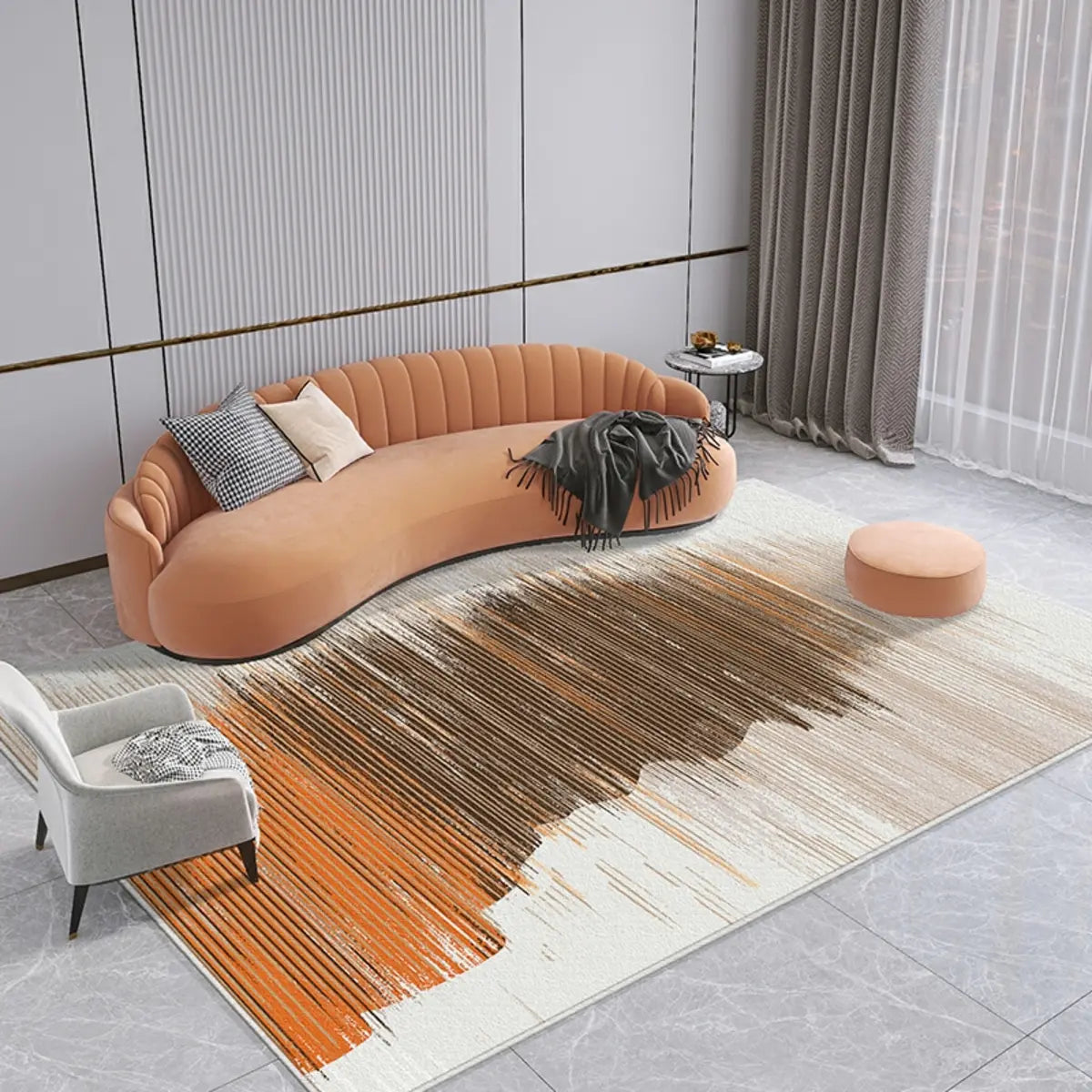 Modern Oval Abstract Polyester Apricot Area Rug Image - 3